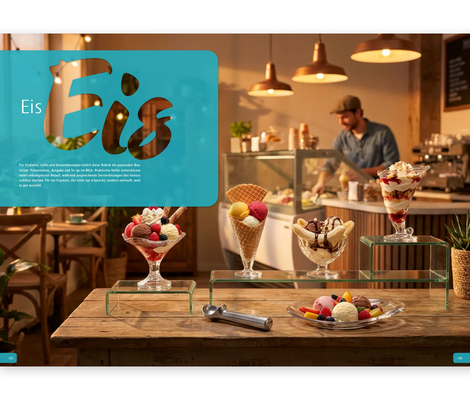 Doppelseite »Eis«: Kapitelauftakt in Türkis, Eisbecher auf der Theke (Bild mit KI erzeugt)