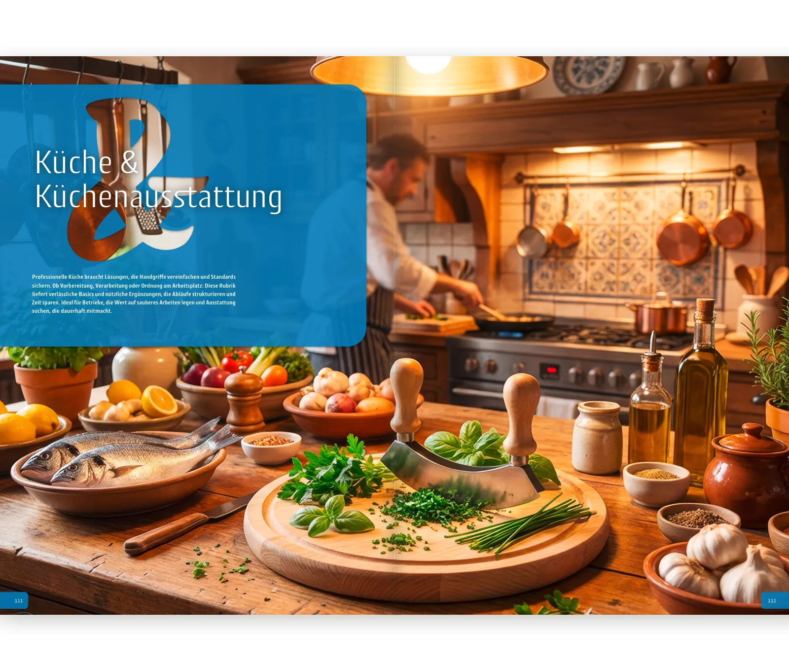 Doppelseite »Küche & Küchenausstattung«: Kapitelauftakt in Blau, Küche mit Kräutern und Fisch (Bild mit KI erzeugt)