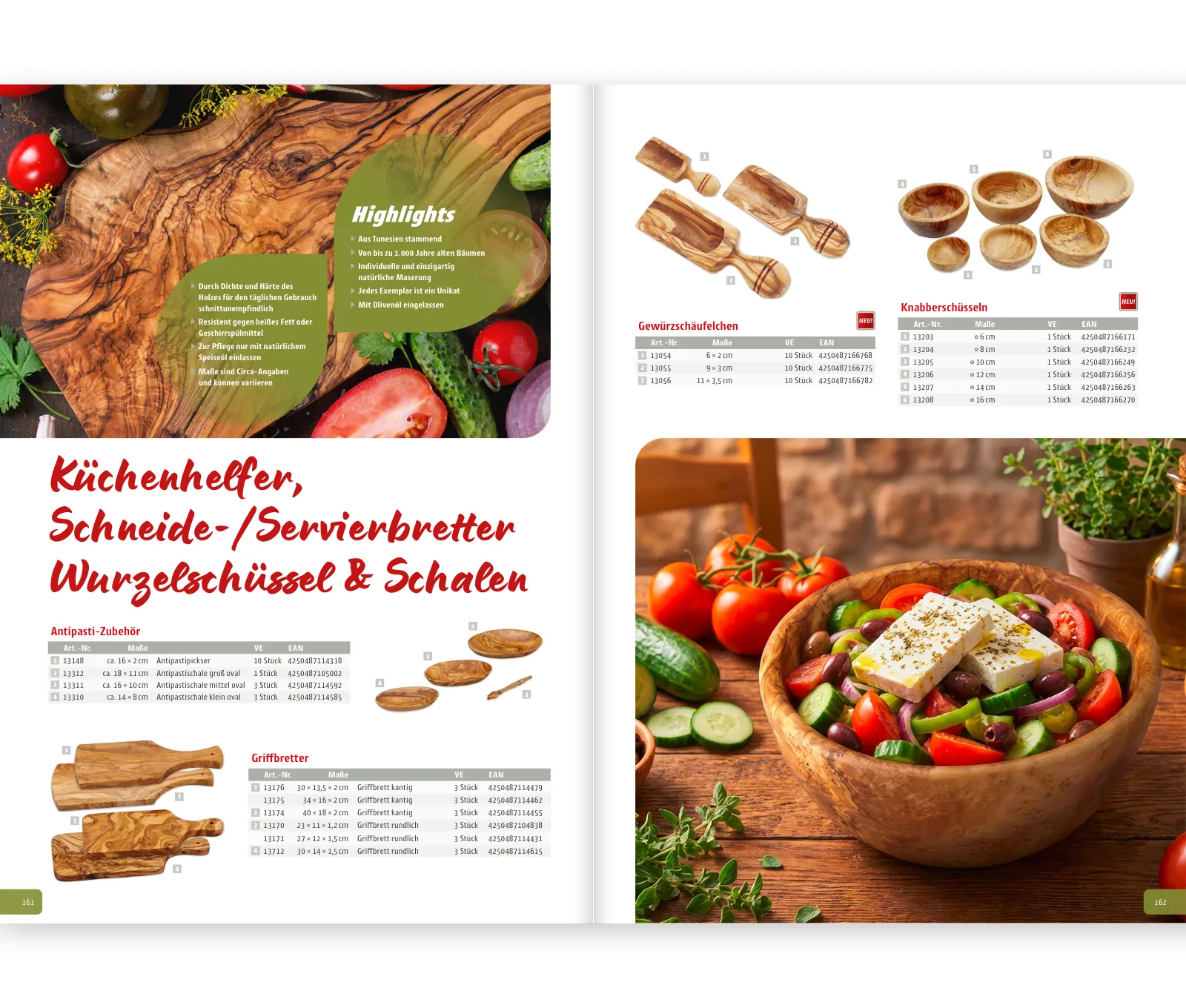 Produktseiten mit Küchenhelfern und Schalen aus Olivenholz, Überschrift in Schreibschrift (Szenenbilder mit KI erzeugt)
