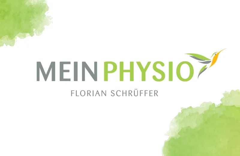 Visitenkarte Mein Physio, Vorderseite: Logo mit Kolibri, darunter Florian Schrüffer, grüne Aquarellflächen