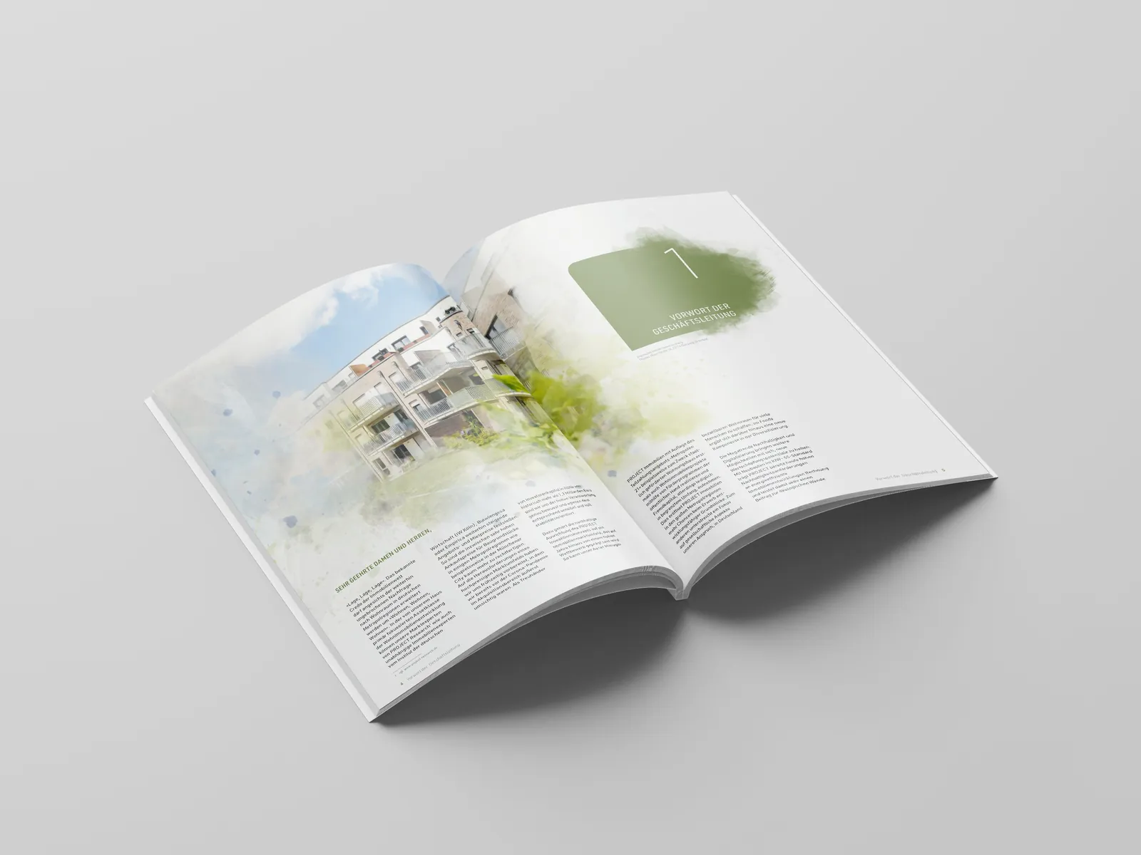 Aufgeschlagene Broschüre mit aquarelliertem Wohnhaus