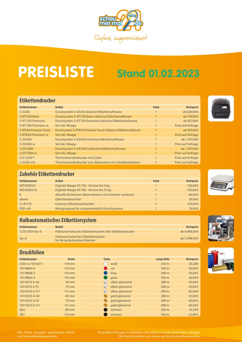 Titel der Preisliste Nr. 2 mit Tabellen