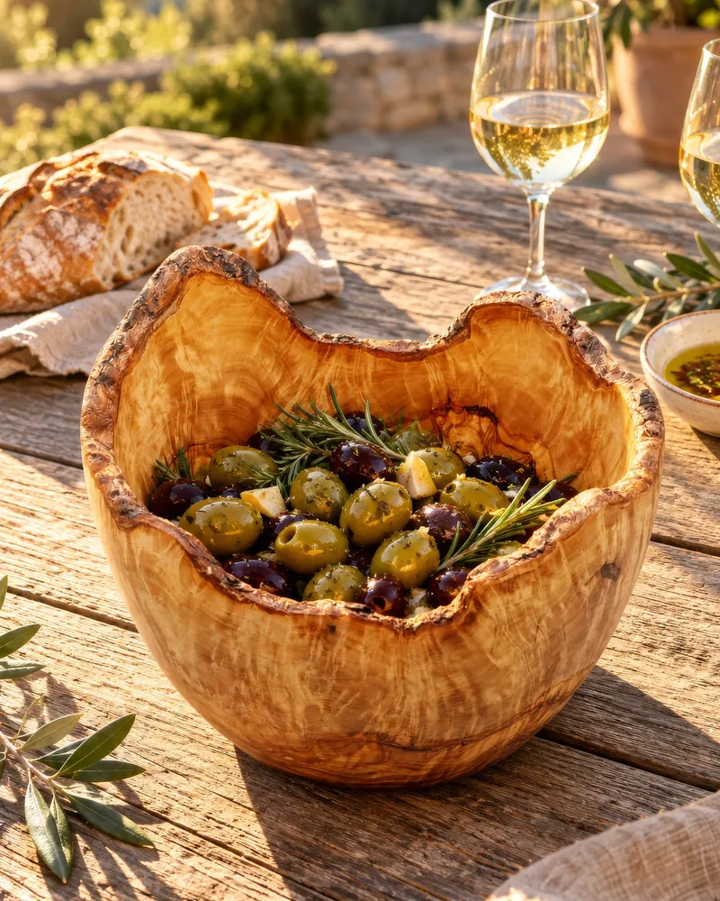 Die Schüssel mit Oliven und Rosmarin auf einem Holztisch im Abendlicht, daneben Brot und Weißwein (mit KI erzeugt)