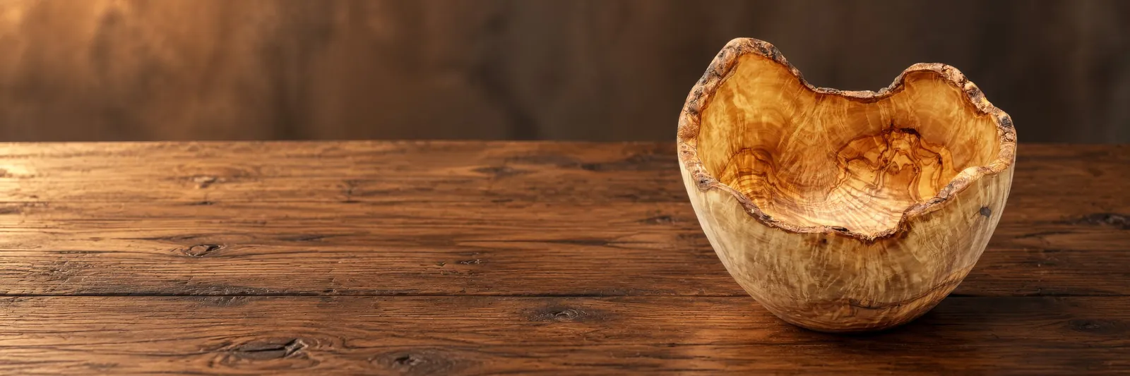 Banner im Format 3:1: die Schüssel auf einem dunklen Holztisch, links viel freie Tischfläche (mit KI erzeugt)